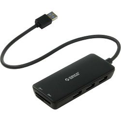 Orico 3-portni USB3.0 hub + čitač memorijskih kartica TF/SD, crni, 39856