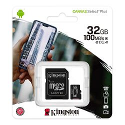 SD micro Kingston Canvas Select Plus 32GB, R100, adapter, SDCS2/32GB