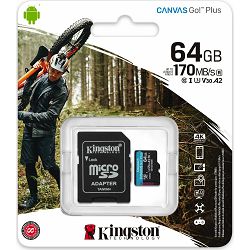 SD micro 64GB Kingston Canvas GO Plus, R170/W70, adapter, SDCG3/64GB