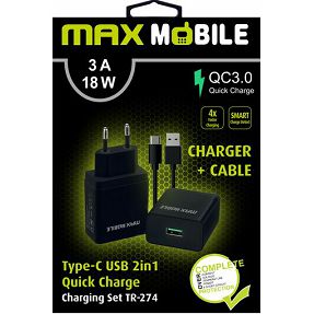 Kućni punjač Maxmobile, PD QC3.0 ,USB-A, TR-274, USB-A/USB-C kabel, 18W, crni
