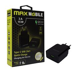 Kućni punjač Maxmobile, PD QC3.0 ,USB-A, TR-274, USB-A/USB-C kabel, 18W, crni
