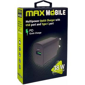 Kućni punjač Maxmobile, PD QC3.0, USB-C 20W + USB-A 18W, 2UTR3068-QP, 38W, crni