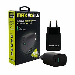 Kućni punjač Maxmobile, PD QC3.0, USB-C 20W + USB-A 18W, 2UTR3068-QP, 38W, crni