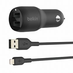 Belkin USB auto punjač  BOOST CHARGE Dual USB-A 24W + USB-A to Lightning Cable, CCD001bt1MBK