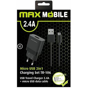 Kućni punjač Maxmobile, USB-A, TR-106, USB-A/MicroUSB kabel, 12W, crni