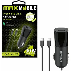 Auto adapter Maxmobile, PD QC3.0, USB-C, SC-198008, USB-C kabel, 30W