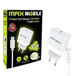 Kućni punjač Maxmobile, PD 35W, USB-C, TR-349006, USB-C kabel, bijeli, 3858894349579