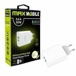 Kućni punjač Maxmobile, QC3.0, Dual USB-A, TR-255, 30W, bijeli