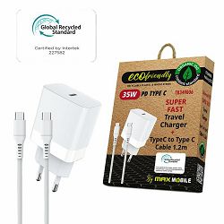 Kućni punjač Maxmobile, PD 35W, USB-C, TR-349006, USB-C kabel, GRS, ECO, bijeli, 3858894349548