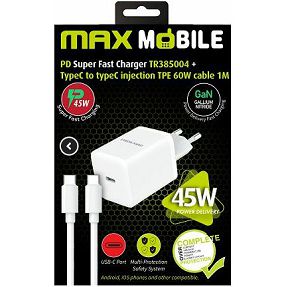 Kućni punjač Maxmobile, PD 45W, USB-C, USB-C kabel, bijeli, TR385004
