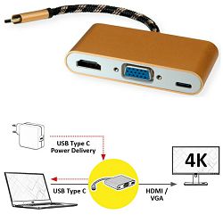 Adapter USB Type-C (M)/ VGA, HDMI, USB Type-C power delivery (Ž), Roline, 12.03.3155