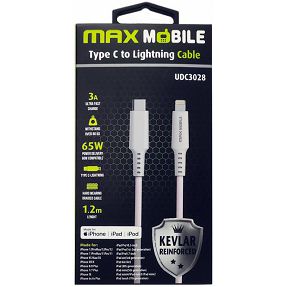 Kabel USB 2.0, 1.2m USB-C/Lightning M/M, Maxmobile UDC3028 Kevlar MFI, 3A/65W, Bijeli