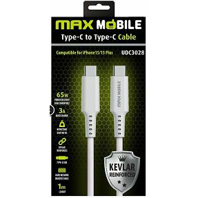 Kabel USB 2.0, 1m, USB-C/USB-C M/M, Maxmobile UDC 3028 Kevlar, 3A/65W, Bijeli