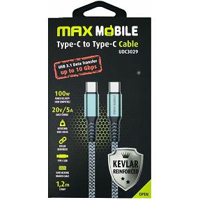 Kabel USB 3.1, 1.2m, USB-C/USB-C M/M, Maxmobile UDC3029 Kevlar, 5A/100W, Sivi