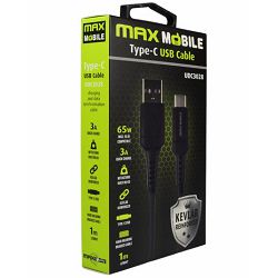 Kabel USB 2.0, 1m, USB-A/USB-C M/M, Maxmobile UDC3028 Kevlar, 3A/65W, Crni