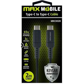 Kabel USB 2.0, 2m, USB-C/USB-C M/M, Maxmobile UDC3028 Kevlar, 3A/65W, Crni