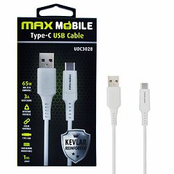 Kabel USB 2.0, 1m, USB-A/USB-C M/M, Maxmobile UDC3028 Kevlar, 3A/65W, Bijeli