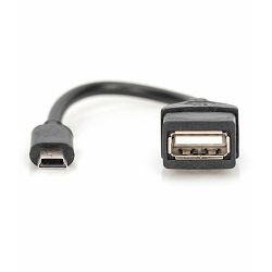 Kabel USB 2.0, 0.20m, Mini USB-B/USB-A M/F, OTG, Digitus, Crni, AK-300310-002-S