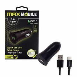 MAXMOBILE AUTO ADAPTER USB SC-106 QC 3.0,18W QUICK CHARGE 3A + TYPE C crni