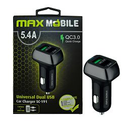 MAXMOBILE AUTO ADAPTER USB DUO SC-191 QC 3.0,27W QUICK CHARGE 5.4A crno-sivi, 3858891945590