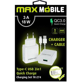 Kućni punjač Maxmobile, PD QC3.0, USB-A, TR-274, USB-A/USB-C kabel, 18W, bijeli