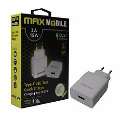 Kućni punjač Maxmobile, PD QC3.0, USB-A, TR-274, USB-A/USB-C kabel, 18W, bijeli