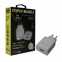 MAXMOBILE kućni punjač  SET 2U1 QC 3.0 QUICK CHARGE USB+ TYPE-C, 3A,18W bijeli , TR-274, 3858892514054