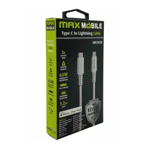 Kabel USB 2.0, 1.2m USB-C/Lightning M/M, Maxmobile UDC3028 Kevlar MFI, 3A/65W, Bijeli