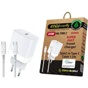 Kućni punjač Maxmobile, PD 35W, USB-C 1.2m, TR-349006, USB-C kabel, GRS, ECO, bijeli