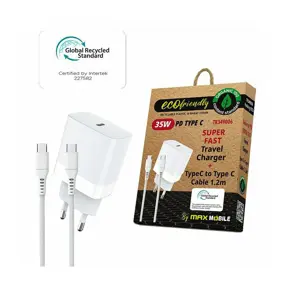 Kućni punjač Maxmobile, PD 35W, USB-C 1.2m, TR-349006, USB-C kabel, GRS, ECO, bijeli