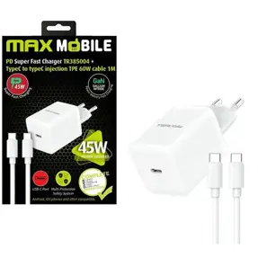 Kućni punjač Maxmobile, PD 45W, USB-C, USB-C kabel, bijeli, TR385004