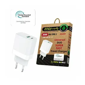 Kućni punjač Maxmobile, PD QC3.0, DUO, USB-C 30W, USB-A 18W, TR-361009, GRS, ECO