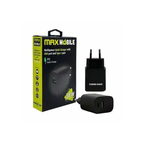 Kućni punjač Maxmobile, PD QC3.0, USB-C 20W + USB-A 18W, 2UTR3068-QP, 38W, crni