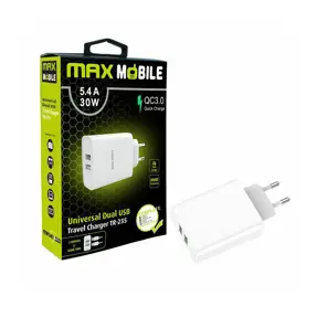 Kućni punjač Maxmobile, QC3.0, Dual USB-A, TR-255, 30W, bijeli