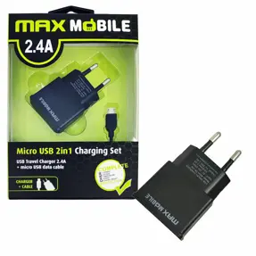 Kućni punjač Maxmobile, USB-A, TR-106, USB-A/MicroUSB kabel, 12W, crni