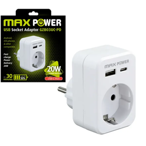 MAXPOWER GZB03UC-PD utikač s USB-A + USB-C punjačem, 20W, bijeli