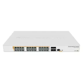 MikroTik Cloud Router/Switch CRS328-24P-4S+RM , 24 port Gigabit Ethernet router/switch with four 10Gbps SFP+ ports in 1U rackmount case, Dual Boot and PoE output, 500W