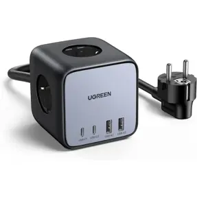 UGREEN DigiNest Cube, univerzalni punjač, 65W, 3x ŠUKO utičnica, 2x USB-C, 2x USB-A, 1.8m, crno sivi