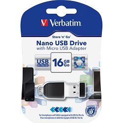 USB 16GB Verbatim Nano Store'n'Go + microUSB adapter Black USB 2.0, V049821, 49821