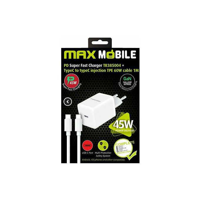 Kućni punjač Maxmobile, PD 45W, USB-C, USB-C kabel, bijeli, TR385004 - Slika 1