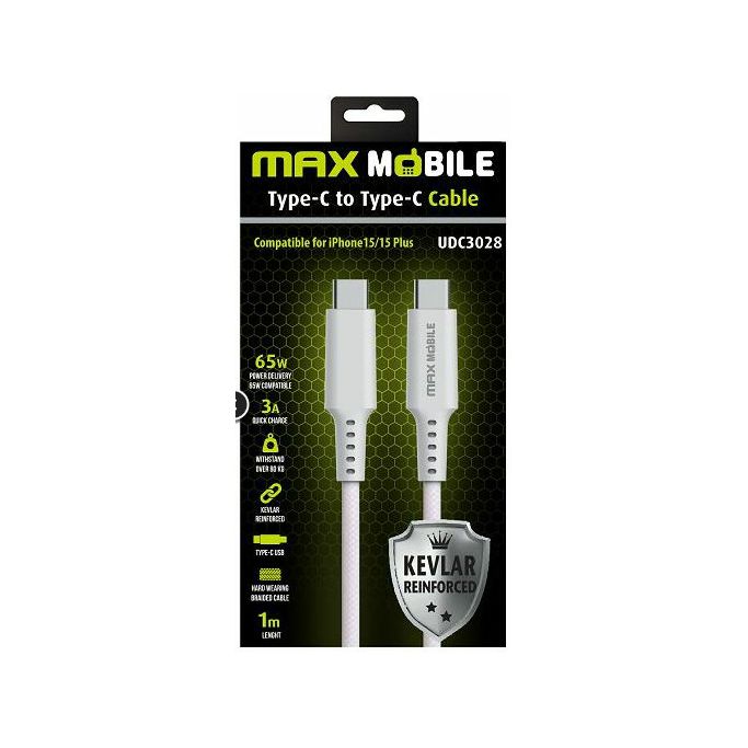 Kabel USB 2.0, 1m, USB-C/USB-C M/M, Maxmobile UDC 3028 Kevlar, 3A/65W, Bijeli - Slika 1