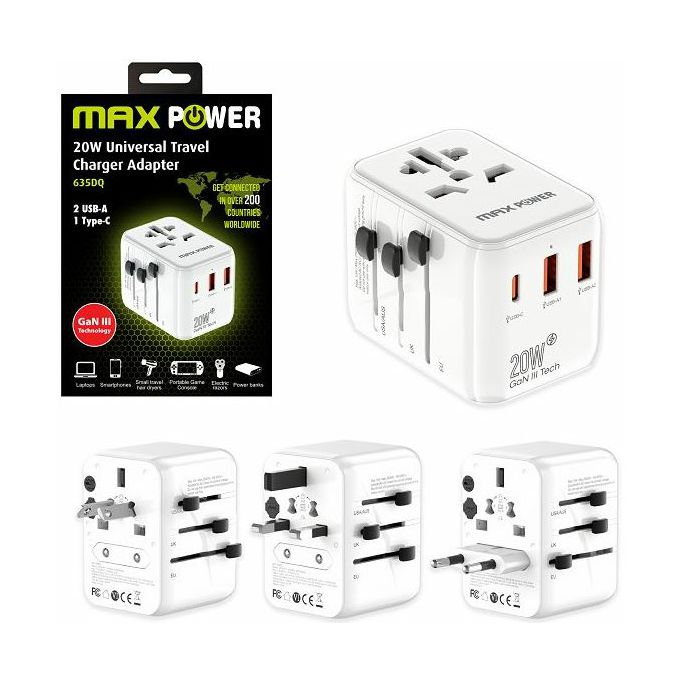 MAXPOWER ADAPTER PUTNI 635DQ Gan 1XPD Type C+2X USB A, BIJELI - Slika 1