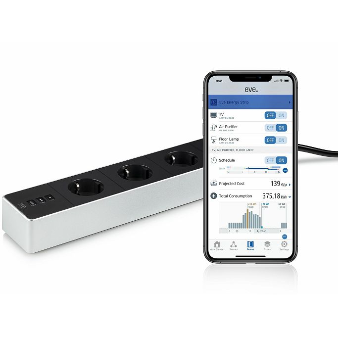 Pametni produžni kabel Eve Energy Strip, 3 utičnice sa prednaponskom zaštitom, sivi (Apple Homekit) - Slika 1