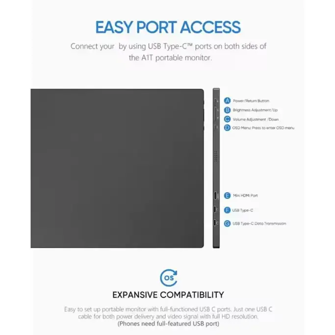 Arzopa A1T, 15.6", FHD, IPS, Touch, Mini HDMI, USB-C, zvučnici, portable monitor (bez zaštitne navlake) - Slika 3