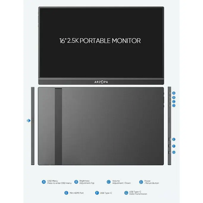 Arzopa Z1RC, 16", WQHD, IPS, Mini HDMI, USB-C, zvučnici, portable monitor, (bez zaštitne navlake) - Slika 3