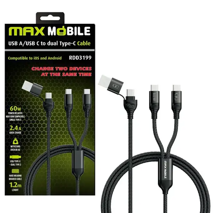 Kabel USB 2.0, USB-C/2xUSB-C, M/M, 60W Max, adapter za USB-A, Maxmobile - Slika 1