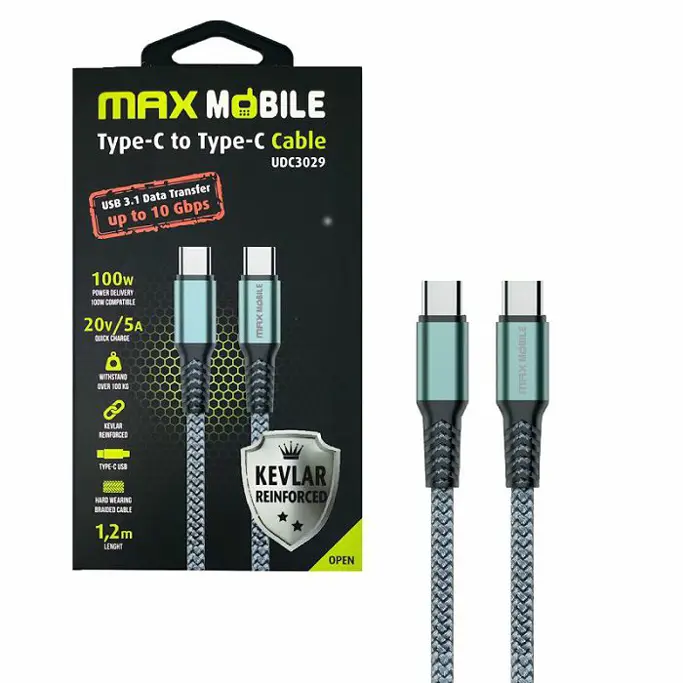 Kabel USB 3.1, 1.2m, USB-C/USB-C M/M, Maxmobile UDC3029 Kevlar, 5A/100W, Sivi - Slika 1
