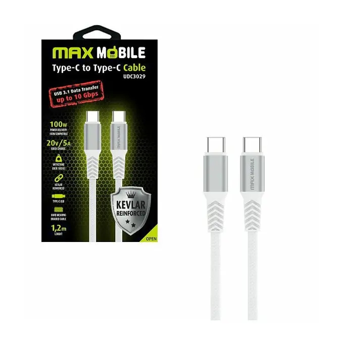 Kabel USB 3.1, 1.2m, USB-C/USB-C M/M, Maxmobile UDC3029 Kevlar, 5A/100W, Bijeli - Slika 1