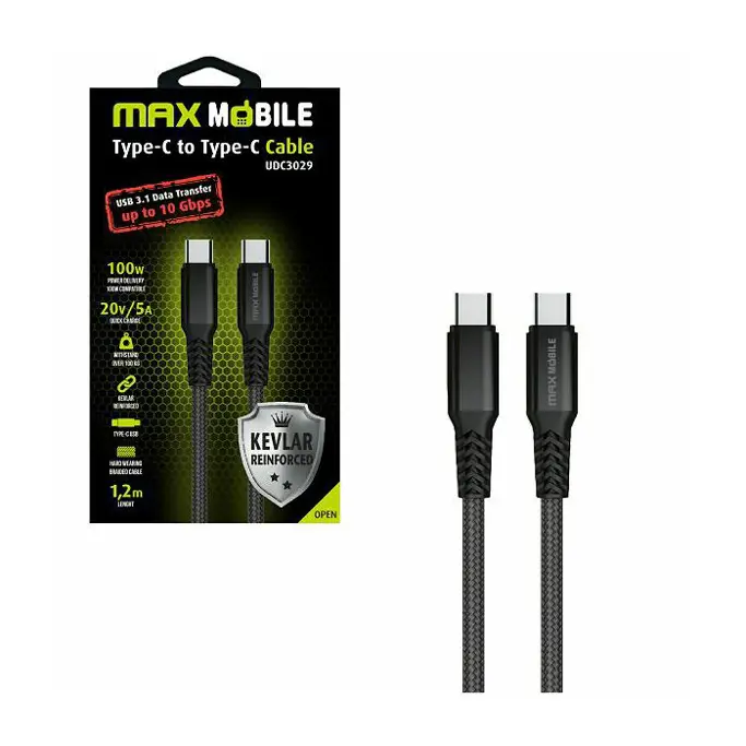 Kabel USB 3.1, 1.2m, USB-C/USB-C M/M, Maxmobile UDC3029 Kevlar, 5A/100W, Crni - Slika 1