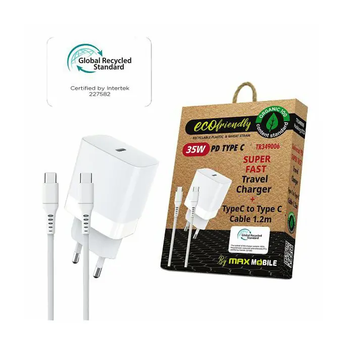 Kućni punjač Maxmobile, PD 35W, USB-C 1.2m, TR-349006, USB-C kabel, GRS, ECO, bijeli - Slika 1